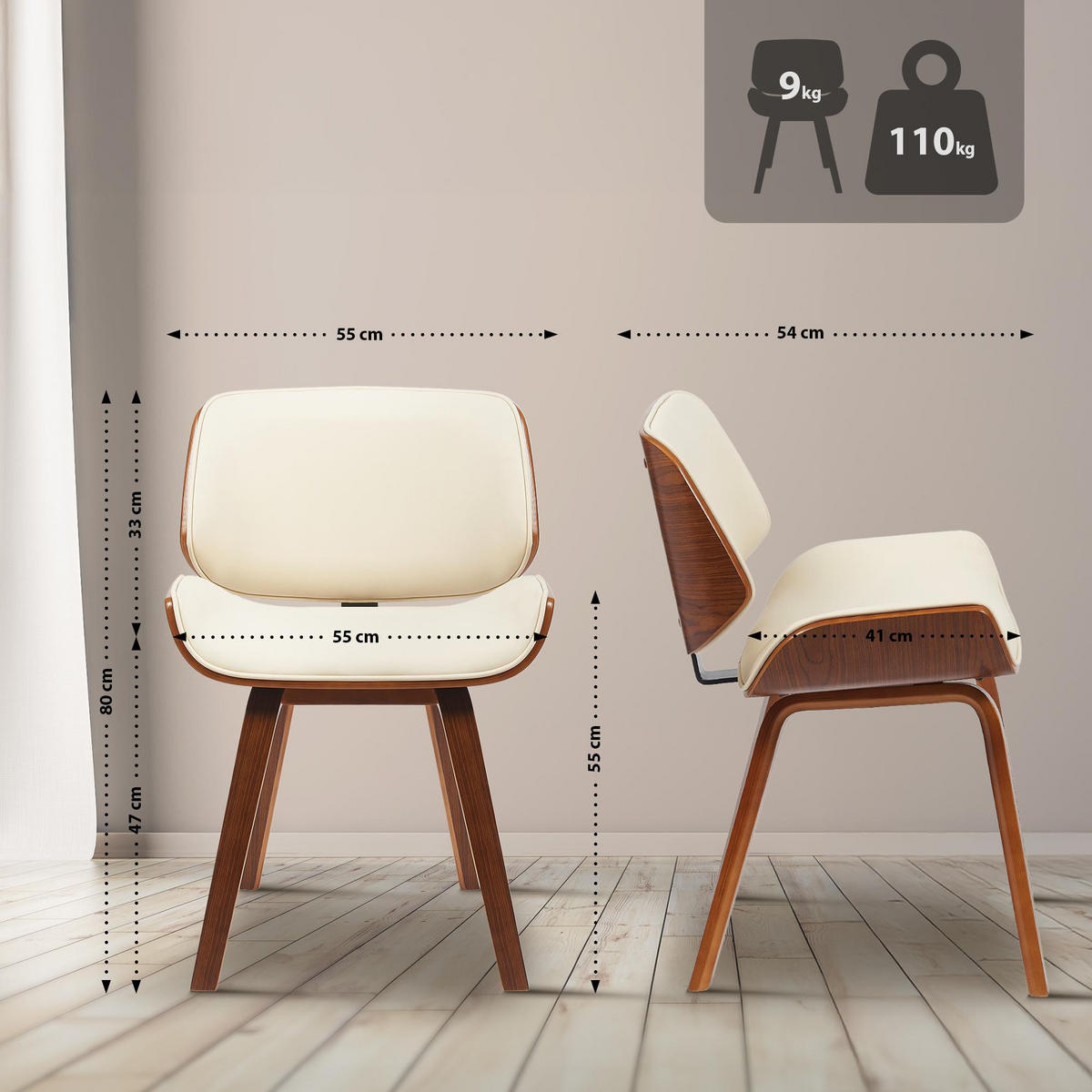 BESUCHERSTUHL Lederlook Walnuss/Creme - Walnussfarben/Creme, Holz/Textil (55/80/41cm) - CLP