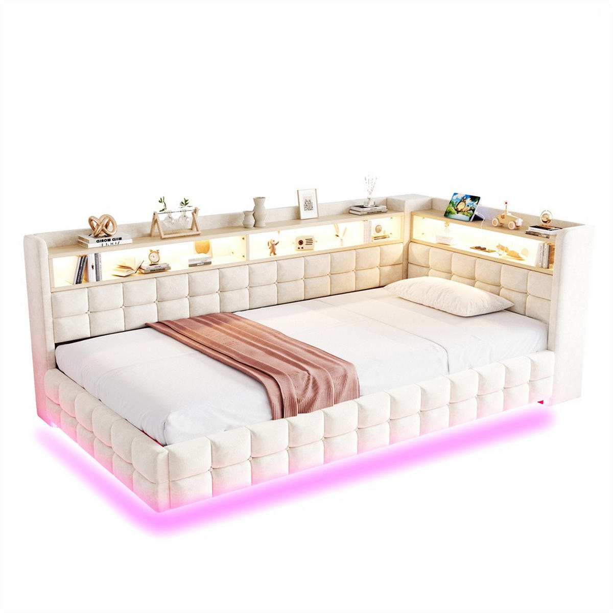 POLSTERBETT 90x200 cm mit hydraulischem Stauraum und Regal - LED Beleuchtung - USB & Typ-C - Beige - ohne Matratze - Beige, Textil (90/200cm) - DELFA