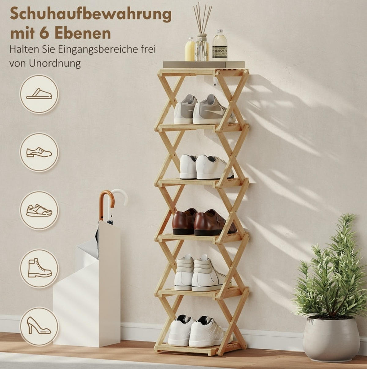 SCHUHREGAL 29/30/108 cm klappbar, 6 Ebenen aus Bambus, Natur - Naturfarben, Naturmaterialen (30/108/29cm) - Redom