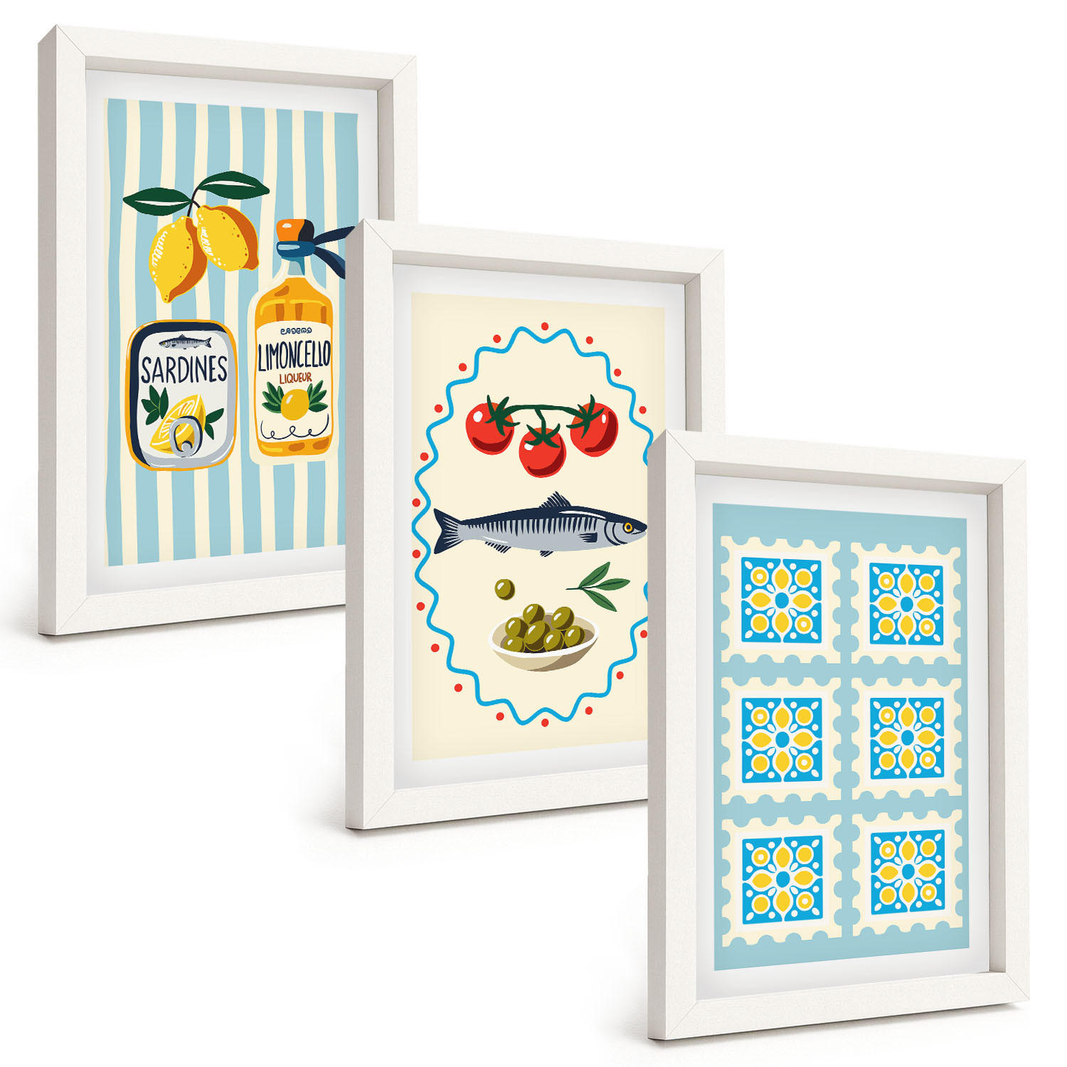 BILDER SET 3er Set - 20x30 cm Weißer Rahmen - Illustrationen von Küchen im mediterranen Stil - Weiß, Kunststoff (20/30cm) - TULUP