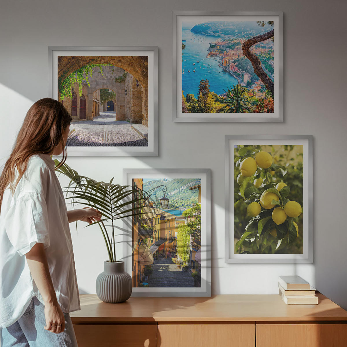 WANDBILDER 4er Set - 50x50 cm & 40x60 cm Silberner Rahmen - Straßen am Meer, ein Meer aus Zitronen - Silberfarben, Kunststoff (50/50cm) - ArtPrintCave