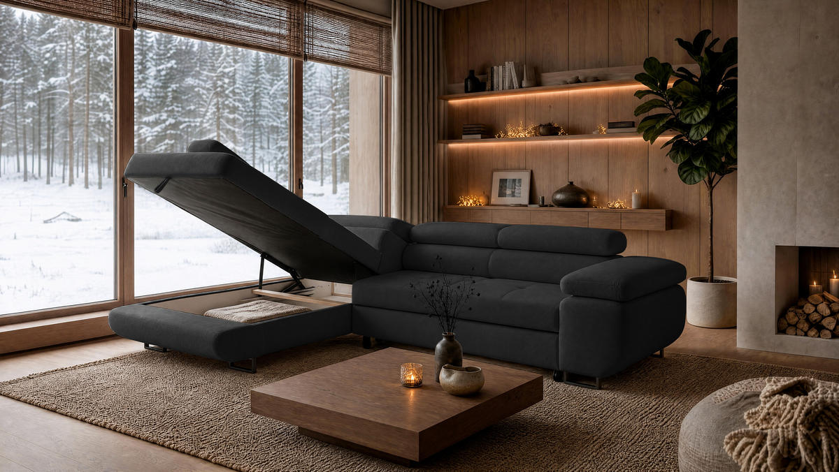 ECKSOFA Velmo mit Bettkasten und Schlaffunktion, verstellbaren Kopfstützen, in L-Form - Dunkelgrau, Textil (275/203cm)