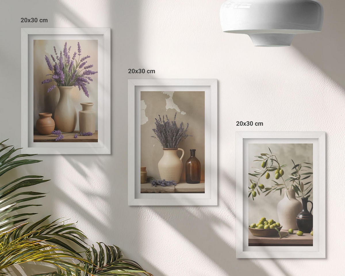 WANDBILDER 3er-Set - 20x30 cm Weißer Rahmen - Blumen in Vasen, Oliven, Dekorationen - Weiß, Kunststoff (20/30cm) - ArtPrintCave