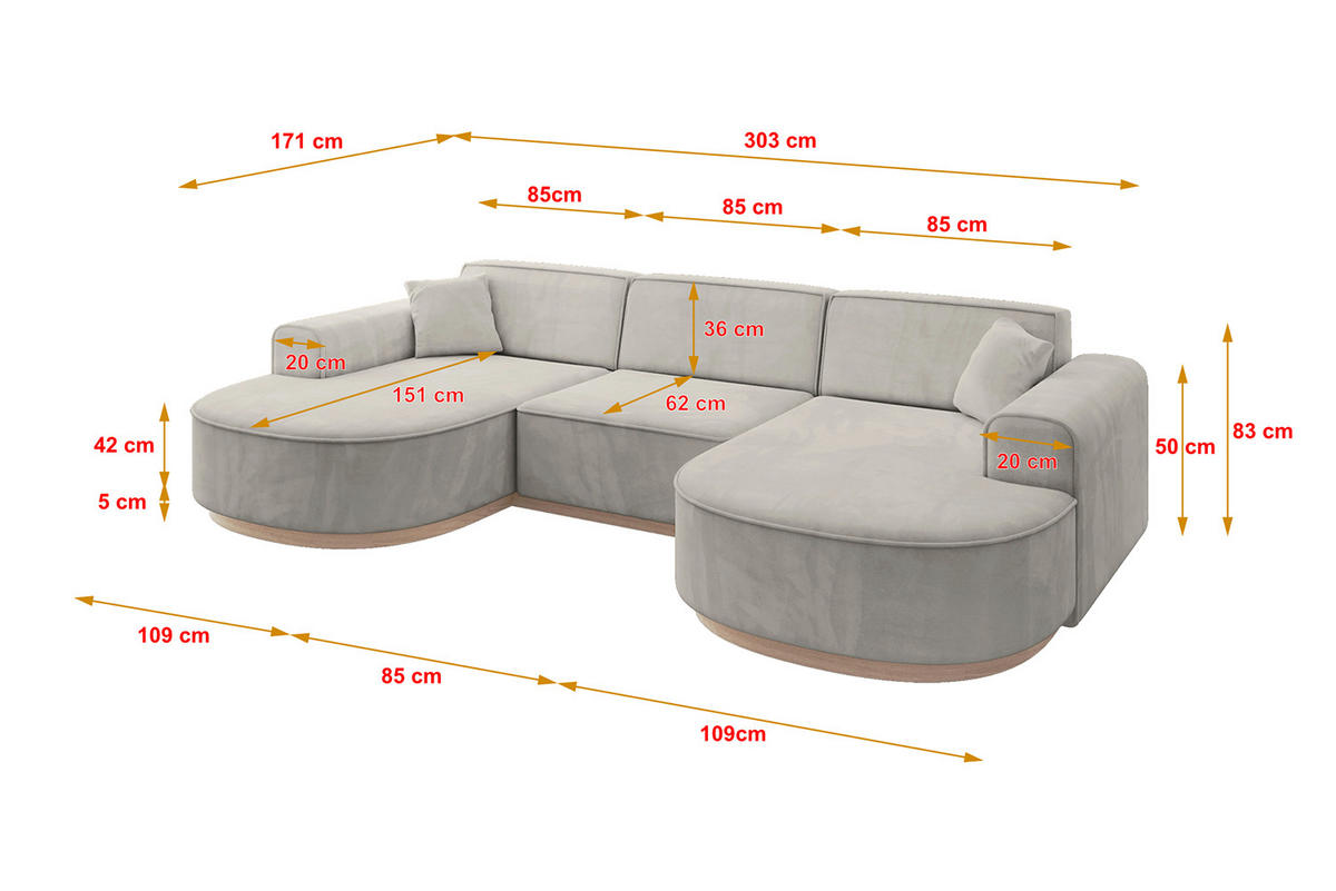WOHNLANDSCHAFT MARI-U1-v1 - 303x171x83 cm Hellbraun Velours - Hellbraun, Holzwerkstoff/Textil (303/83/171cm) - ALTDECOR