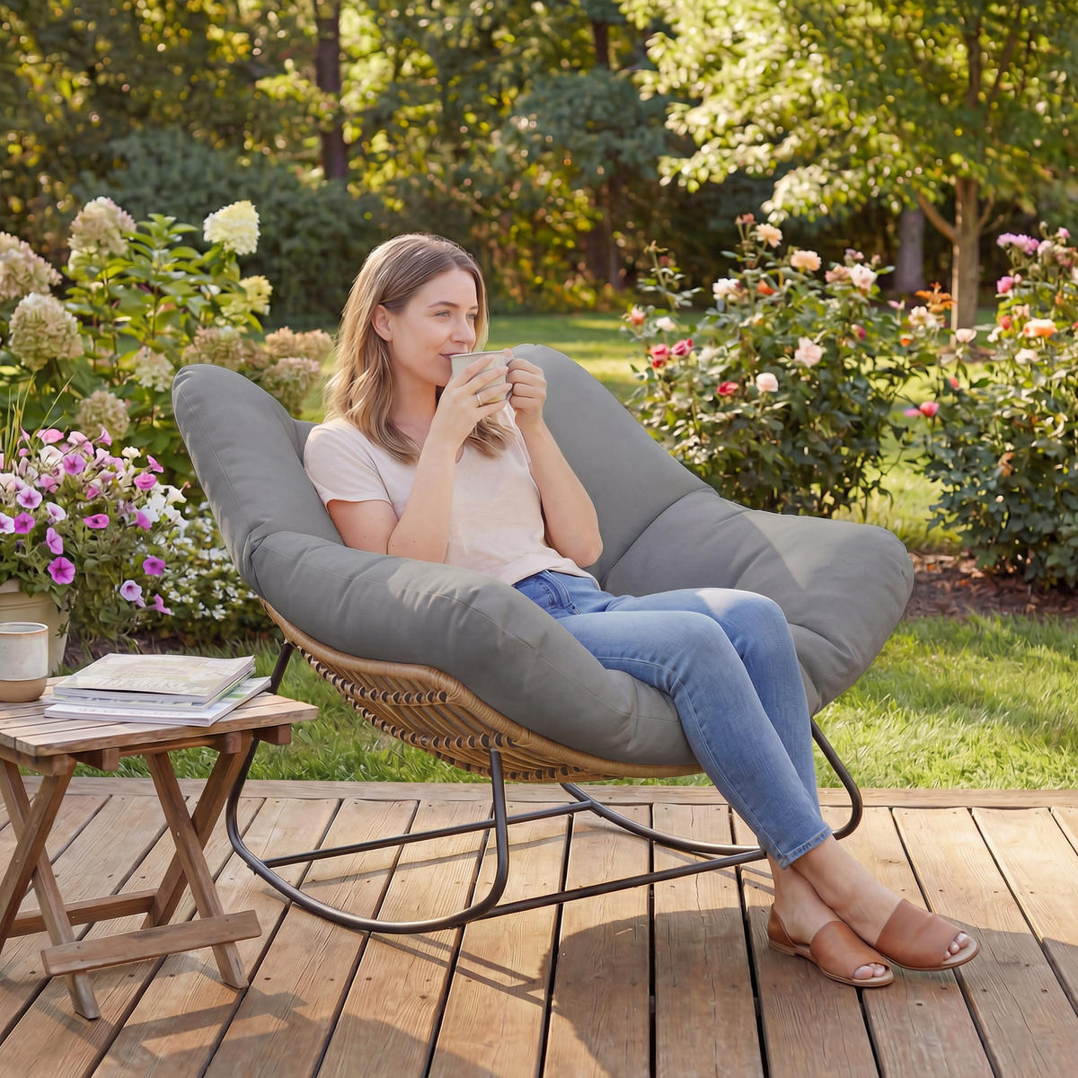 OUTDOOR-SCHAUKELSTUHL Stahl PE-Geflecht Grau - Schwarz/Grau, Textil/Metall (97/79/107cm) - Outsunny