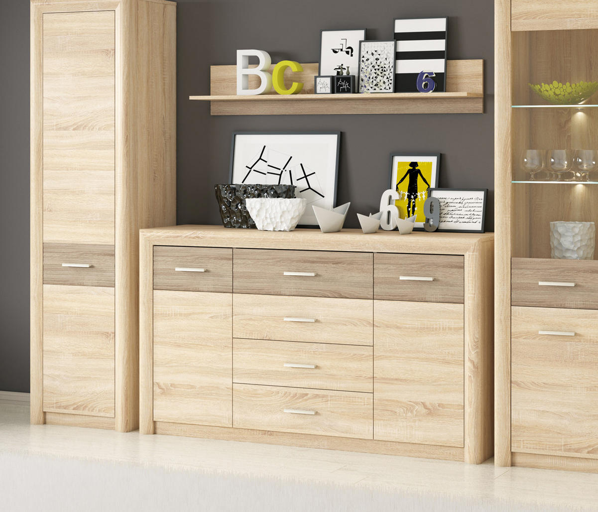 SIDEBOARD Castel Sonoma Eiche hell / Sonoma Eiche Trüffel 165 / 43 / 94cm - Multicolor/Braun, Holz/Holzwerkstoff (165/94/43cm) - Feldmann-Wohnen