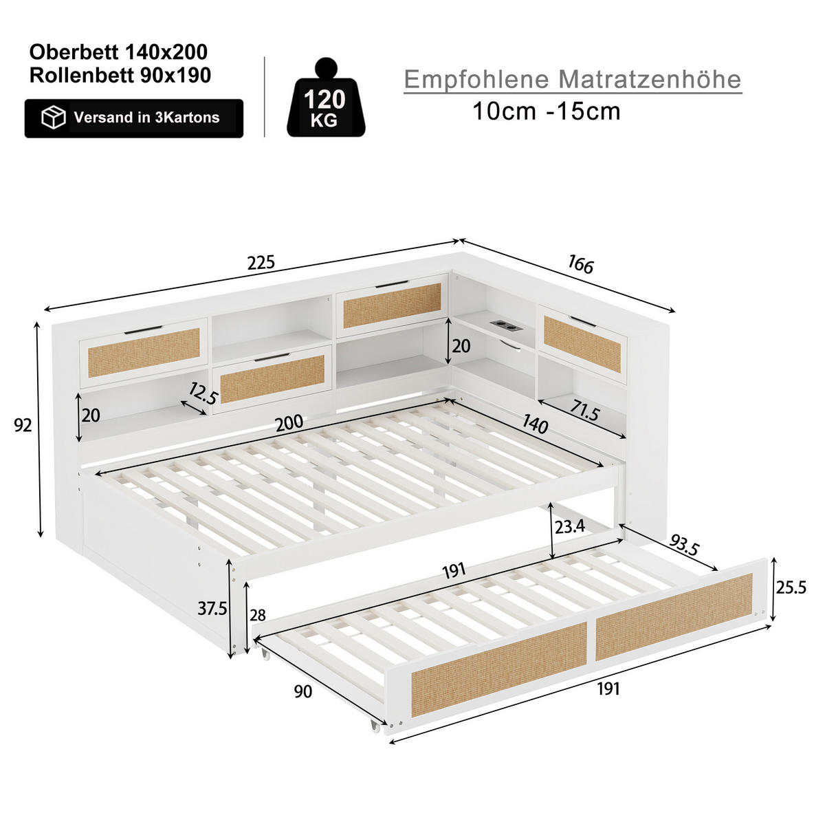 BETT 140/200 cm in Weiß mit Ausziehbett, Stauraum und USB-Ladeanschlüssen - Weiß, Holz (140/200cm) - BEAOK