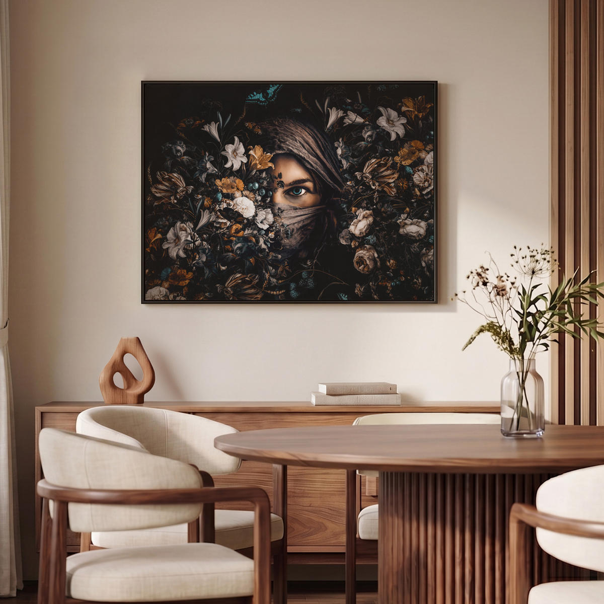 LEINWAND Bilder mit Rahmen - Frau - Luxus - Blumen - Schmetterling - Porträt - 100x70 - Schwarz, Textil (100/70cm) - MuchoWow