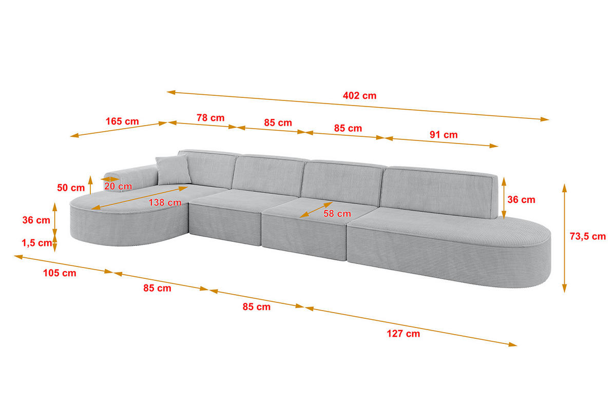 ECKSOFA Ottomane Links MARI-L3 - 402x163x73,5 cm Grau Cord - Schwarz/Grau, Holzwerkstoff/Kunststoff (165/406cm) - ALTDECOR