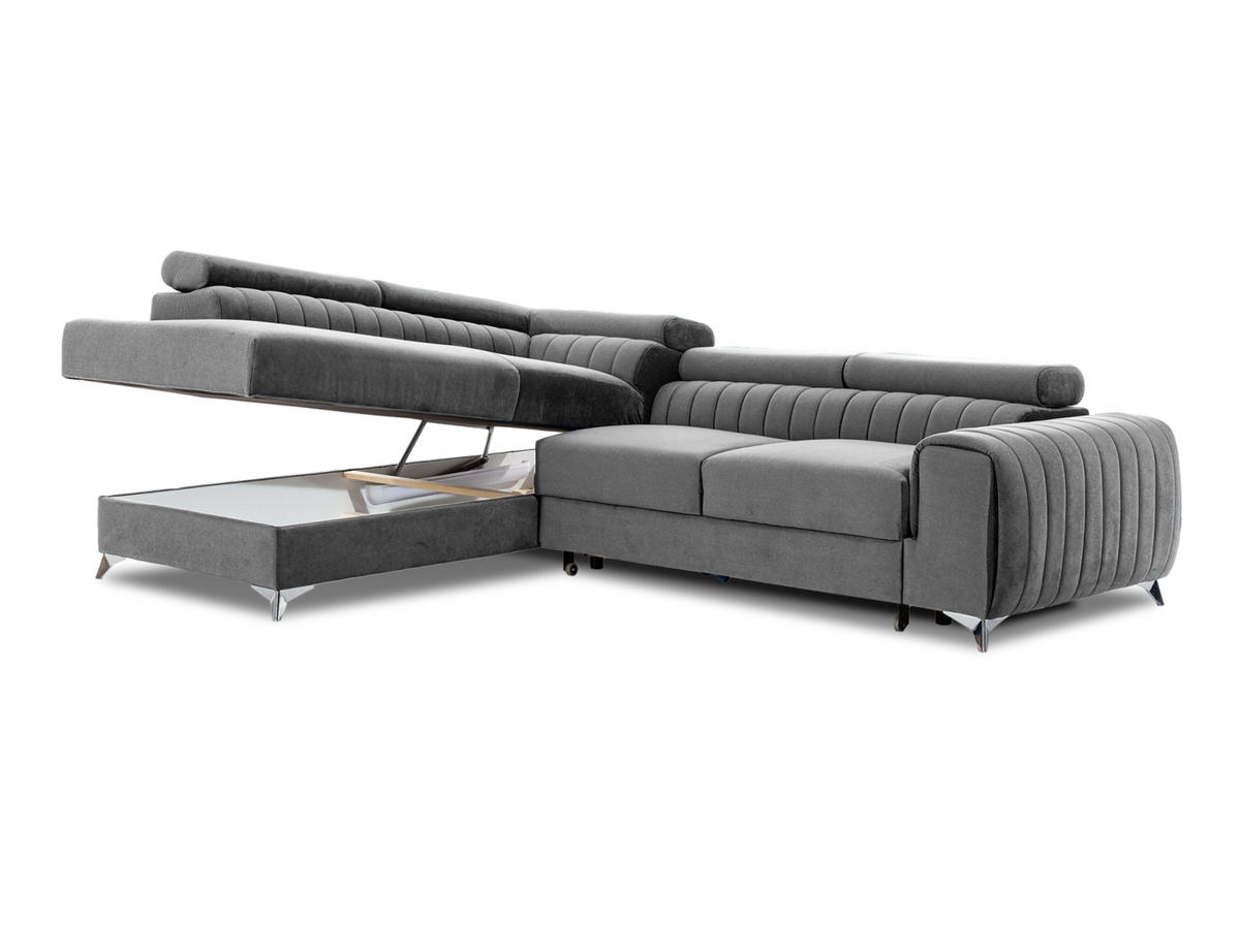 ECKSOFA Laurence mit Schlaffunktion & Bettkasten – 278 x 205 cm, verstellbare Kopfstützen - Grau, Kunststoff (278/205cm) - Wohnideebilder