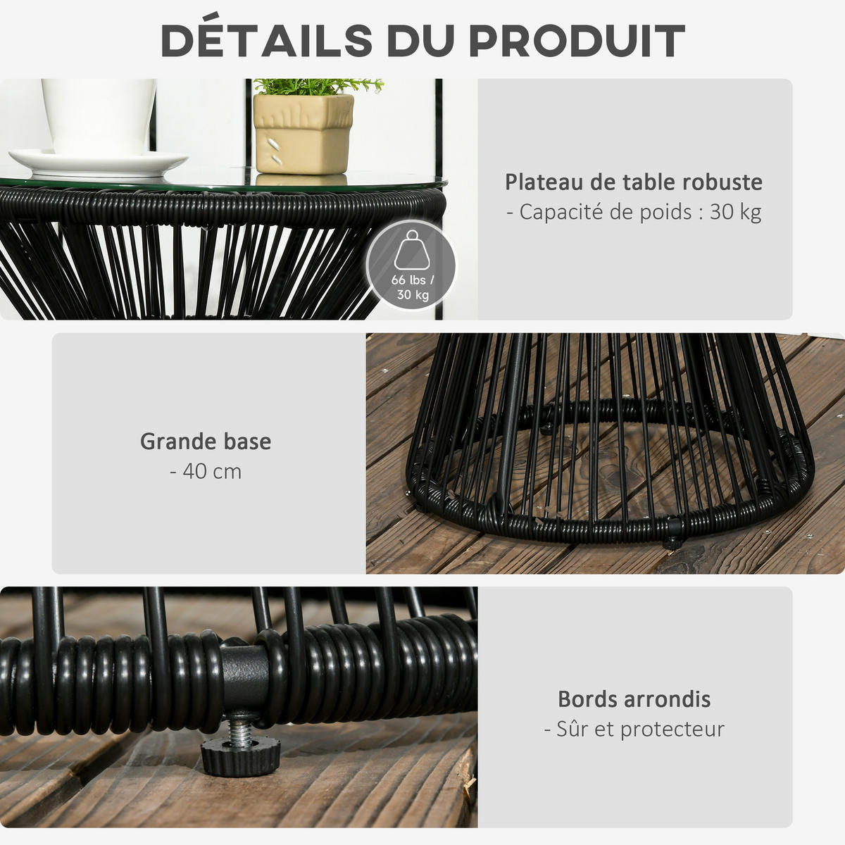 GARTENBEISTELLTISCH DE-13609 rund mit Glasplatte, PE-Rattanoptik Schwarz - Schwarz, Kunststoff/Metall (40/40/42cm) - ComfortXL