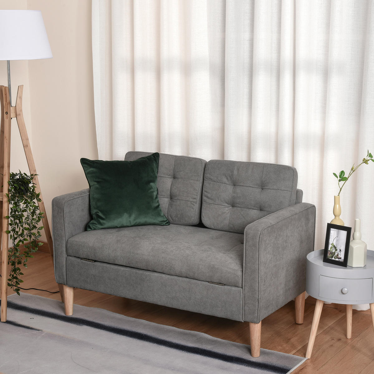 2-SITZER Sofa Stoffsofa Doppelsofa abnehmbar mit Kissen Gummiholz Baumwoll Grau - Naturfarben/Grau, Holz/Textil (62/78/117cm) - HOMCOM