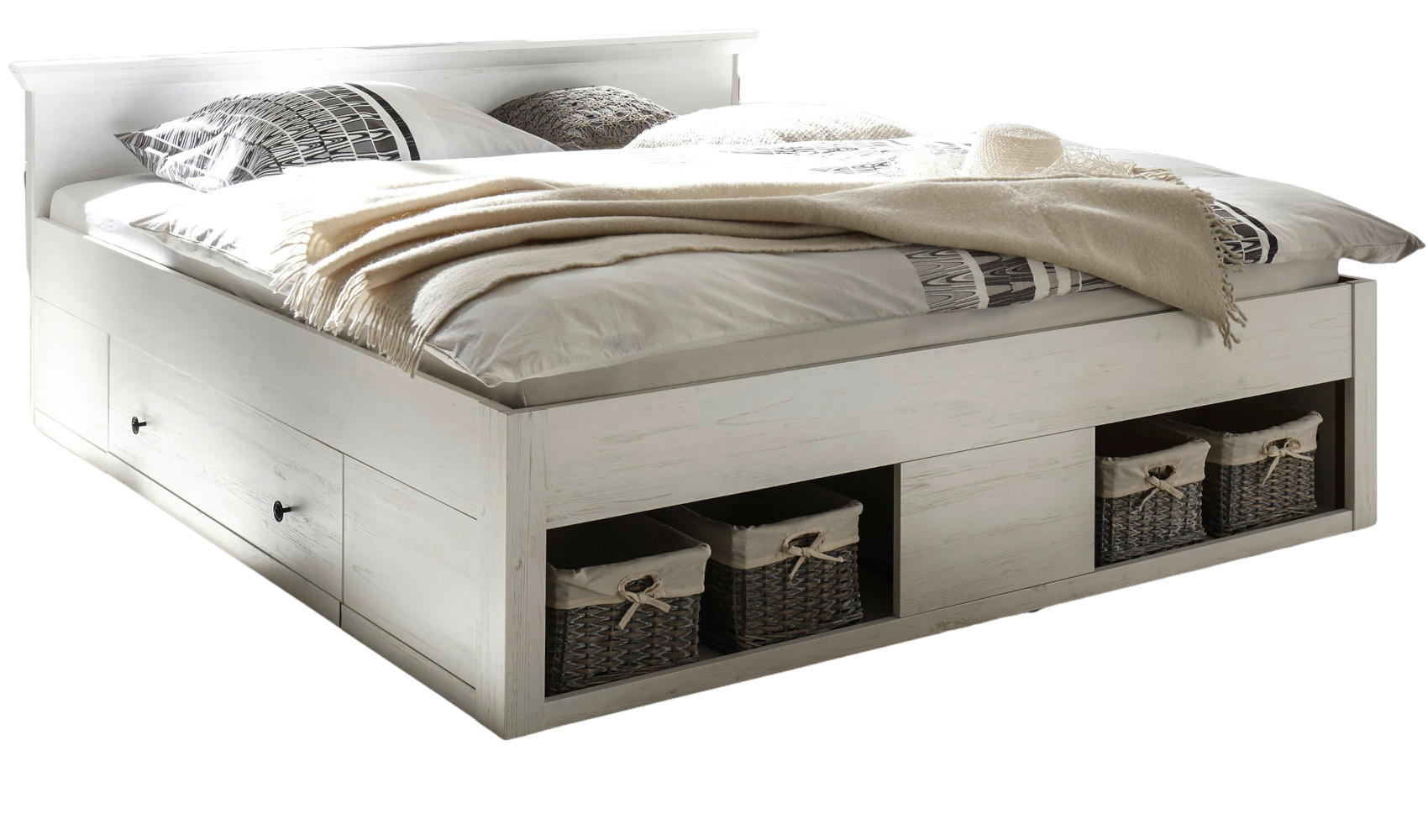 BETT Pinie weiß Liegefläche 180 x 200 cm, Stauraumbett mit Bettschubkasten - Schwarz/Weiß, Holzwerkstoff/Kunststoff (180/200cm) - Furn.Design