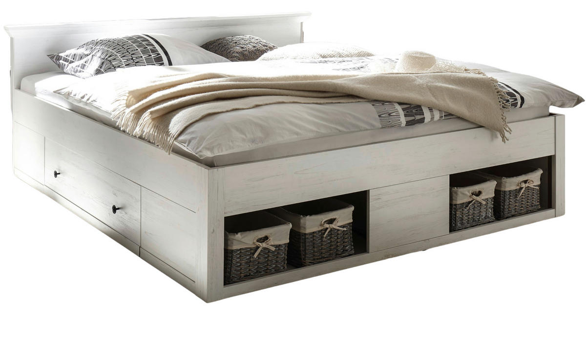 BETT Pinie weiß Liegefläche 180 x 200 cm, Stauraumbett mit Bettschubkasten - Schwarz/Weiß, Holzwerkstoff/Kunststoff (180/200cm) - Furn.Design