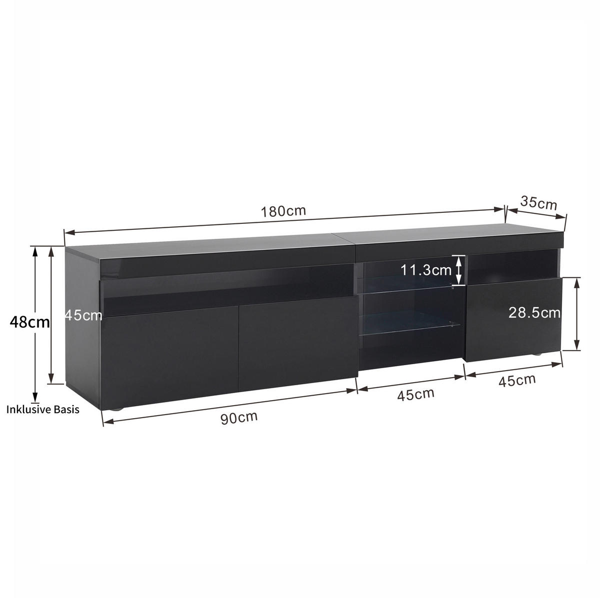 TV-ELEMENT mit LED-Beleuchtung 180 x 35 x 48 cm MDF Black - Schwarz, Holzwerkstoff (35/48/180cm) - Beauniv