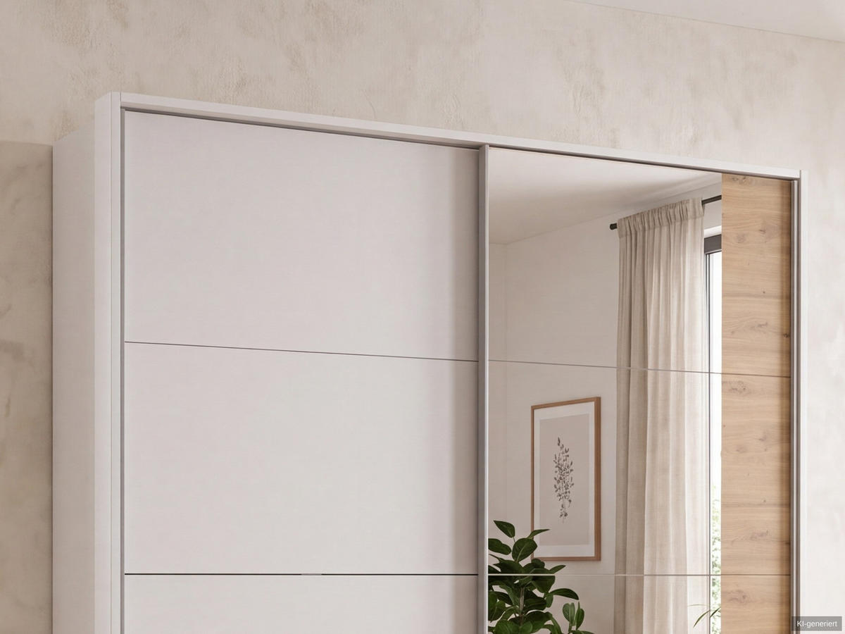 SCHWEBETÜRENSCHRANK 2-türig B183/H200/T65 cm, Passepartout-Kleiderschrank in Weiß mit Spiegel, 1x Tür & Schubkästen in Eiche Artisan Dekor / 22711 - Alufarben/Weiß, Holz/Holzwerkstoff (183/200/65cm) - luma-home