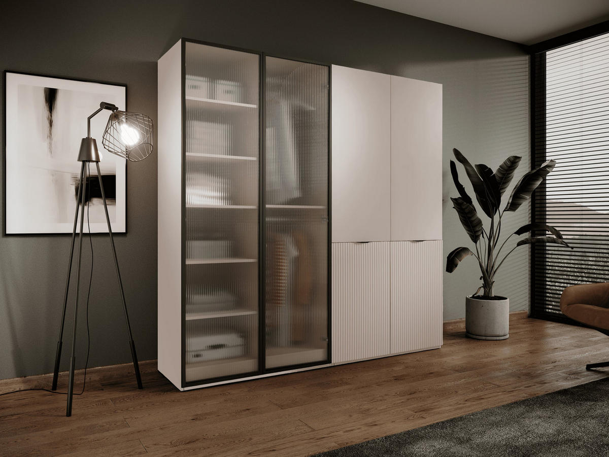 KLEIDERSCHRANK ZEN (Modular, Beige Matt, Beige & Geriffeltes Glas Flutes, 4-türig) - Beige/Schwarz, Holz/Holzwerkstoff (202/200/51cm) - Ravio