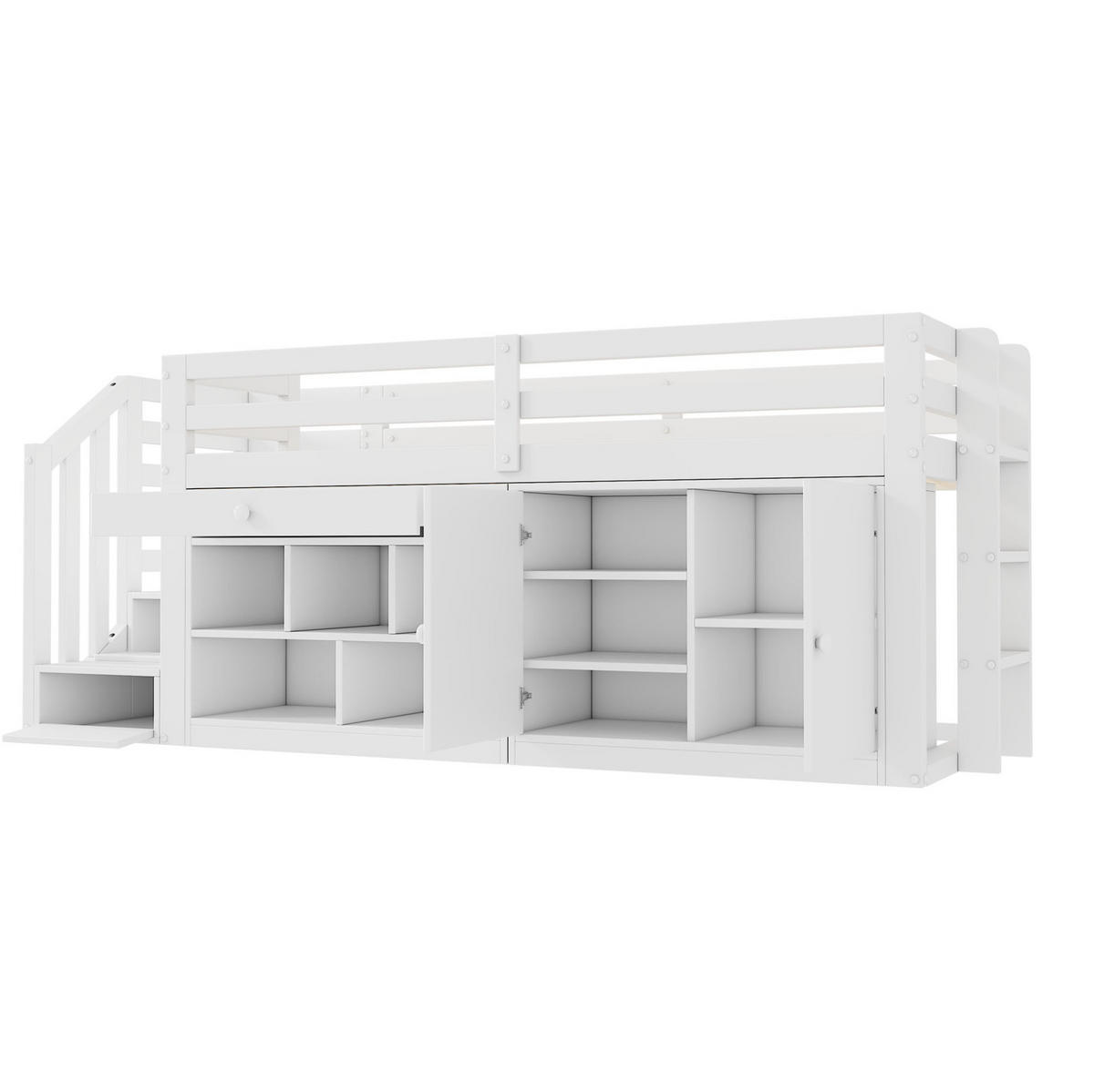 KINDEREINZELBETTEN aus Massivholz 90x200 cm in Weiß mit Treppe & Stauraum - Weiß, Holz (90/200cm) - Modfu