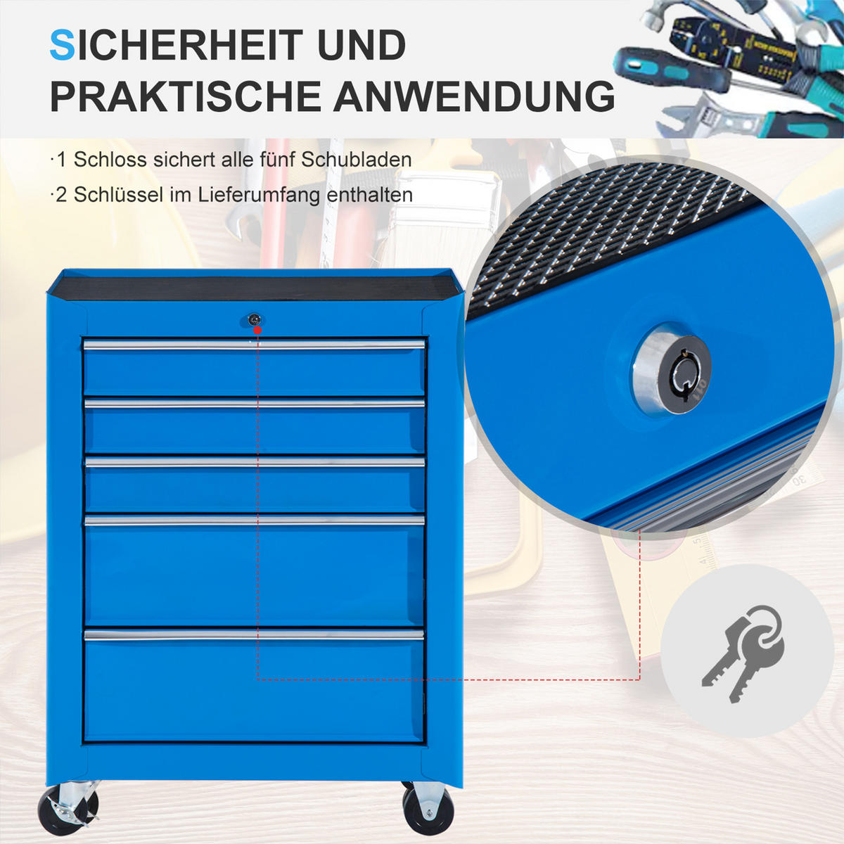 WERKZEUGSCHRANK DE-10526 5 Schubladen, rollbar Blau - Blau, Metall (33/82.5/61.5cm) - ComfortXL