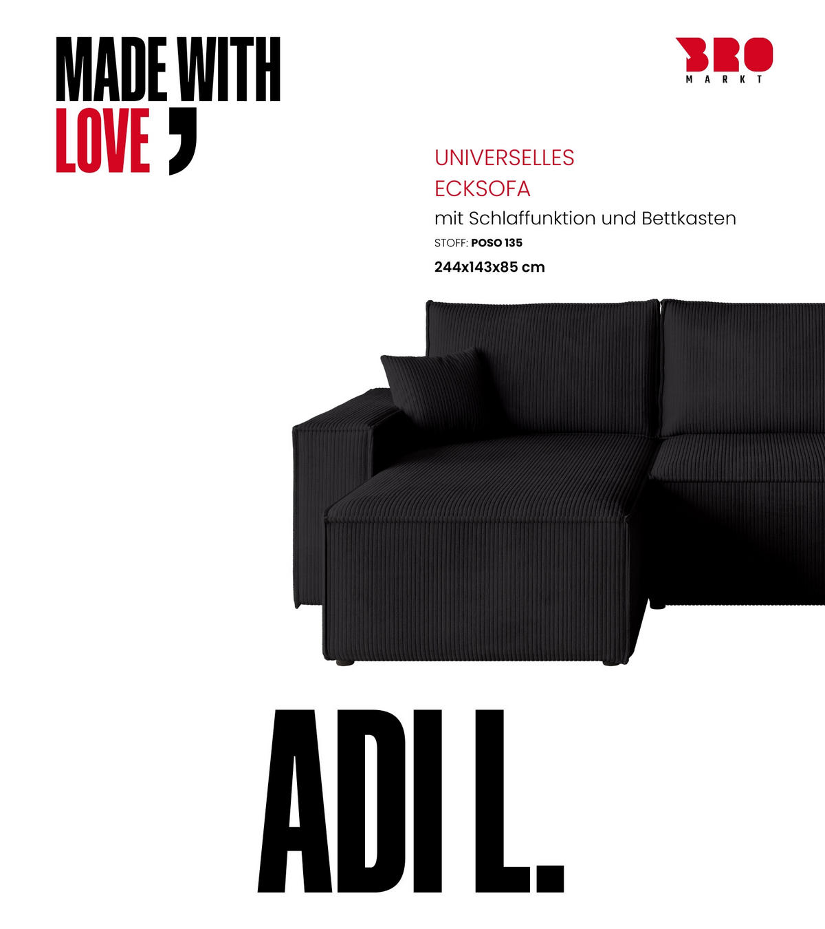 ECKSOFA ADI mit Schlaffunktion Schwarz Cord - Schwarz, Textil (244/143cm) - Bromarkt