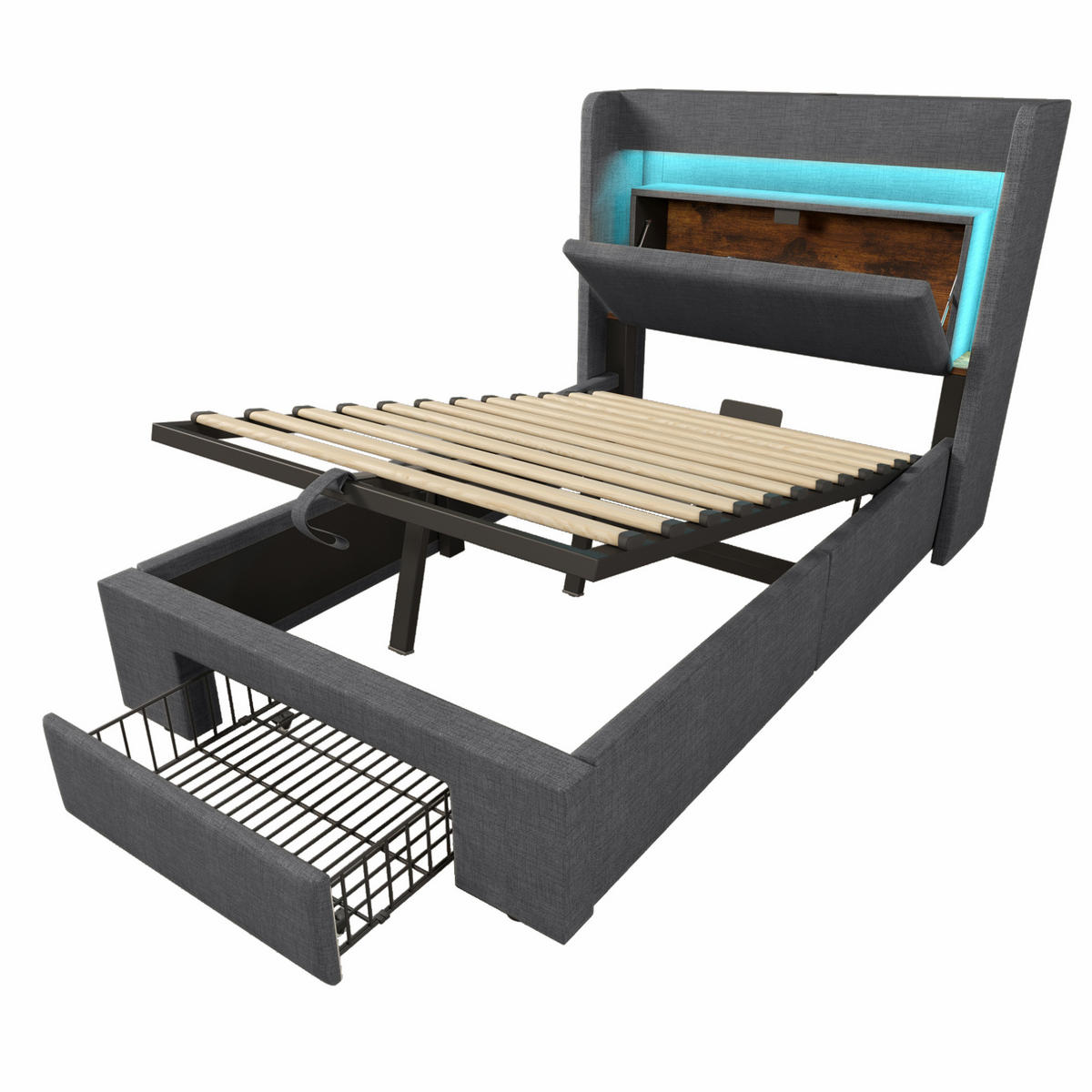 POLSTERBETT mit Bettkasten 90/200 cm in Grau mit LED-Beleuchtung und USB-Anschluss - Grau, Textil (90/200cm) - BEAOK