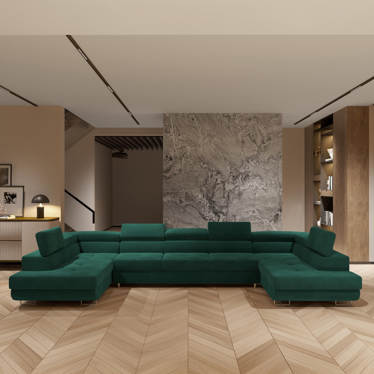 ROHOVÁ SEDAČKA ISOLANO zelená barva - stříbrná/zelená barva, kov/dřevo (408/202cm) - MASSENO