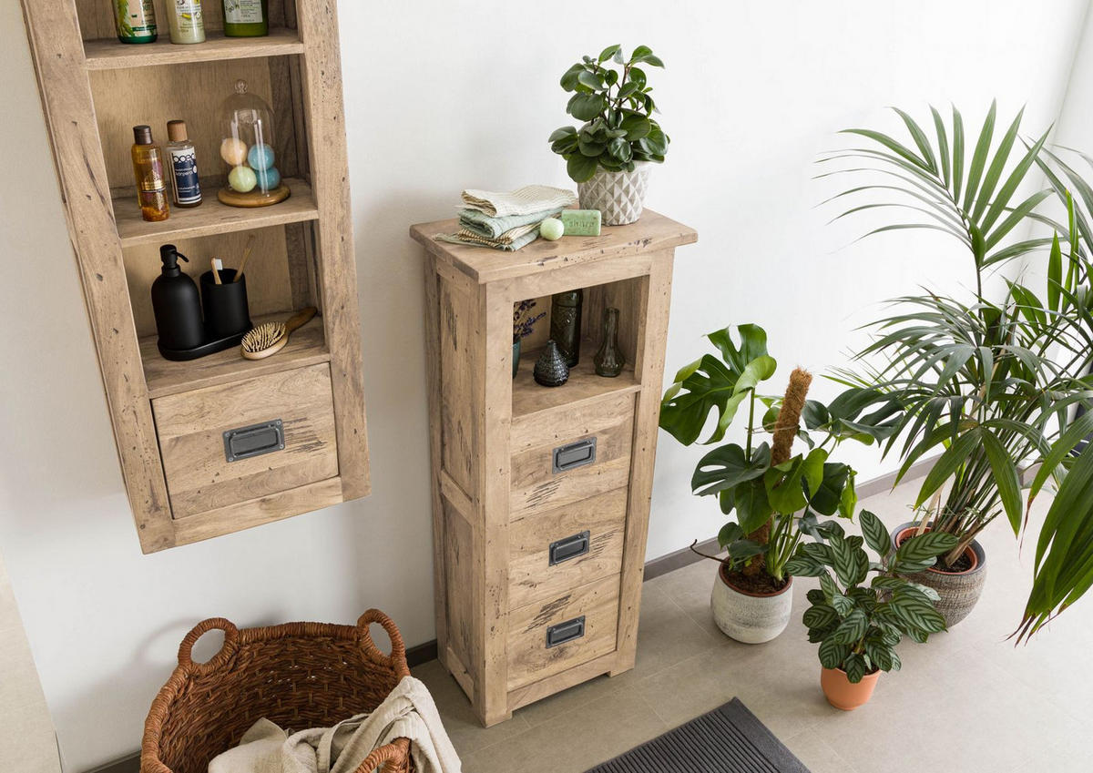 KOMMODE Mango 50x30x120 whitewash lackiert RAILWAY #381 - Beige, Holz (50/120/30cm) - Massivmoebel24