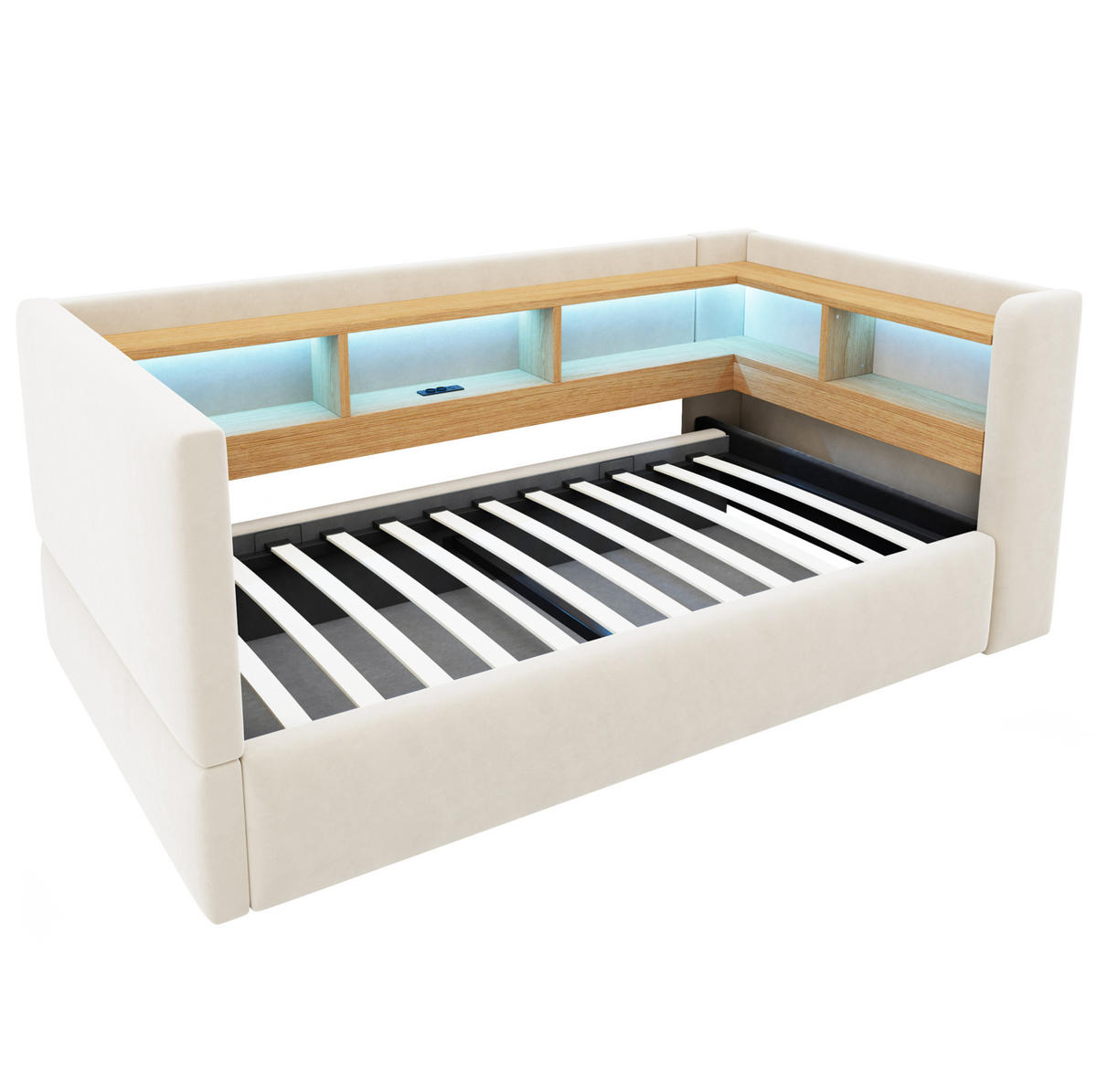 POLSTERBETT 90/190 cm aus Flanell mit LED-Beleuchtung und Steckdosen, Beige - Beige, Textil (90/190cm) - OKMYHOME