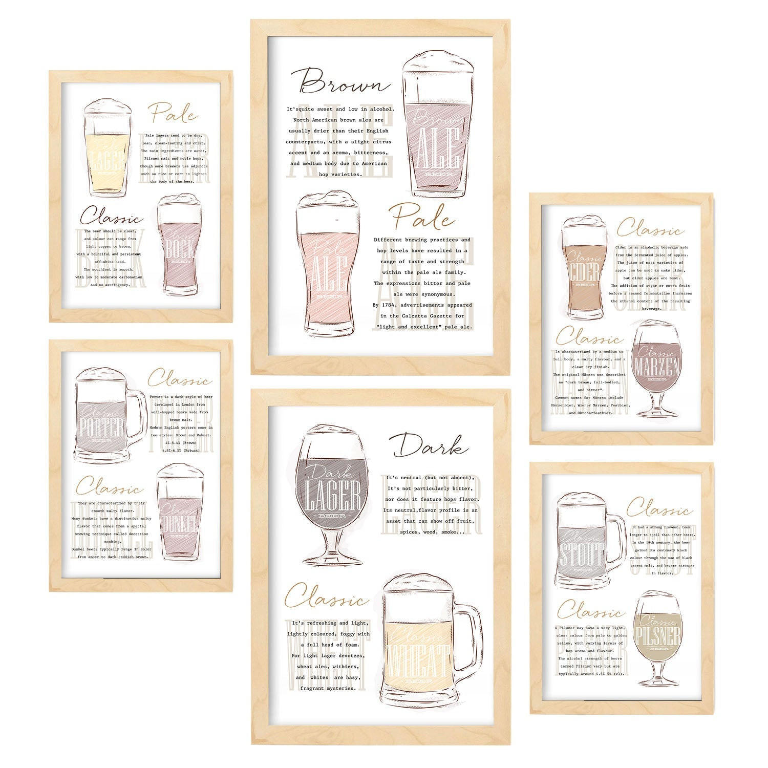 POSTER Set Mit 6 Biersorten Weiß Vollfarbige Illustrationen Von Kaffee & Getränken Im Werbetafel Illustrationen A3 & A4 Rahmen Aus Hellem Holz - Beige, Papier (29/3cm) - Nacnic
