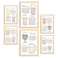 POSTER Set Mit 6 Biersorten Weiß Vollfarbige Illustrationen Von Kaffee & Getränken Im Werbetafel Illustrationen A3 & A4 Rahmen Aus Hellem Holz - Beige, Papier (29/3cm) - Nacnic