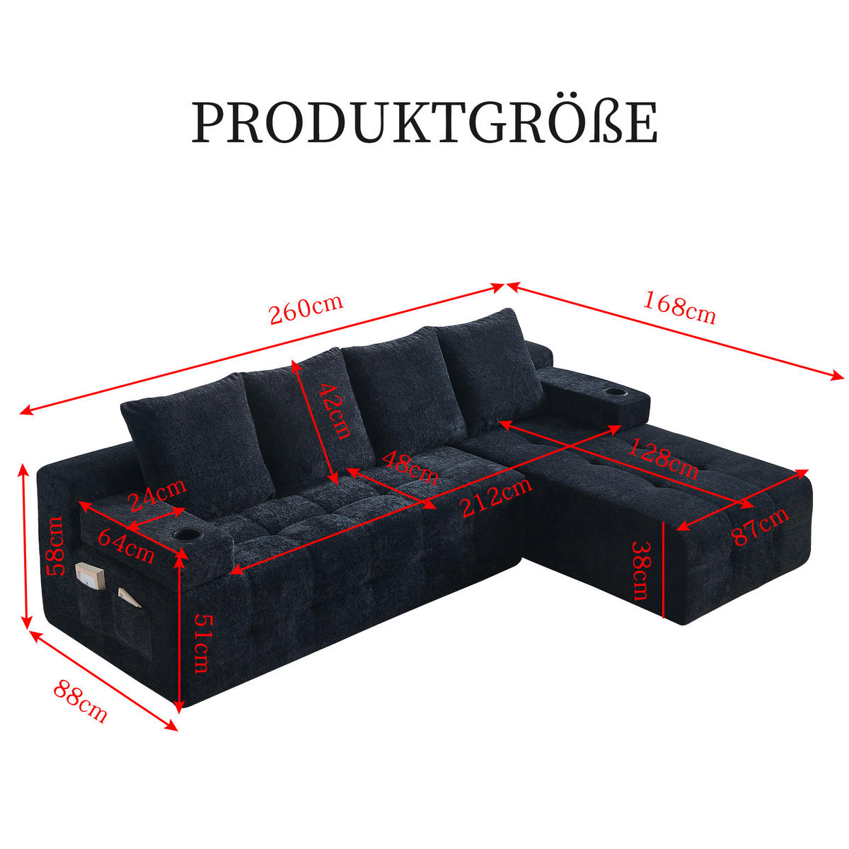 ECKSOFA Chenille Schwarz mit Becherhaltern und Seitenfach - Schwarz, Textil (260/168cm) - WISHDOR