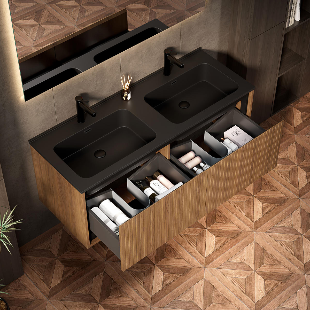 WASCHTISCHKOMBI Schwarz schwebend mit Doppelbecken - Eiche San Remo, Holzwerkstoff/Kunststoff (121/46.5/46cm) - Urban Meuble