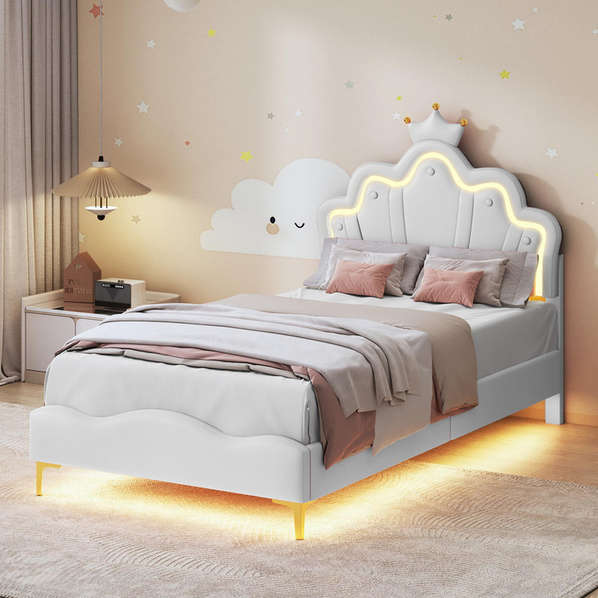 KINDERBETT 90x200 cm, mit LED-Lichtleiste und Lattenrost, PU, Weiß, ohne Matratze - Weiß, Holz (90/200cm) - WoodenAura