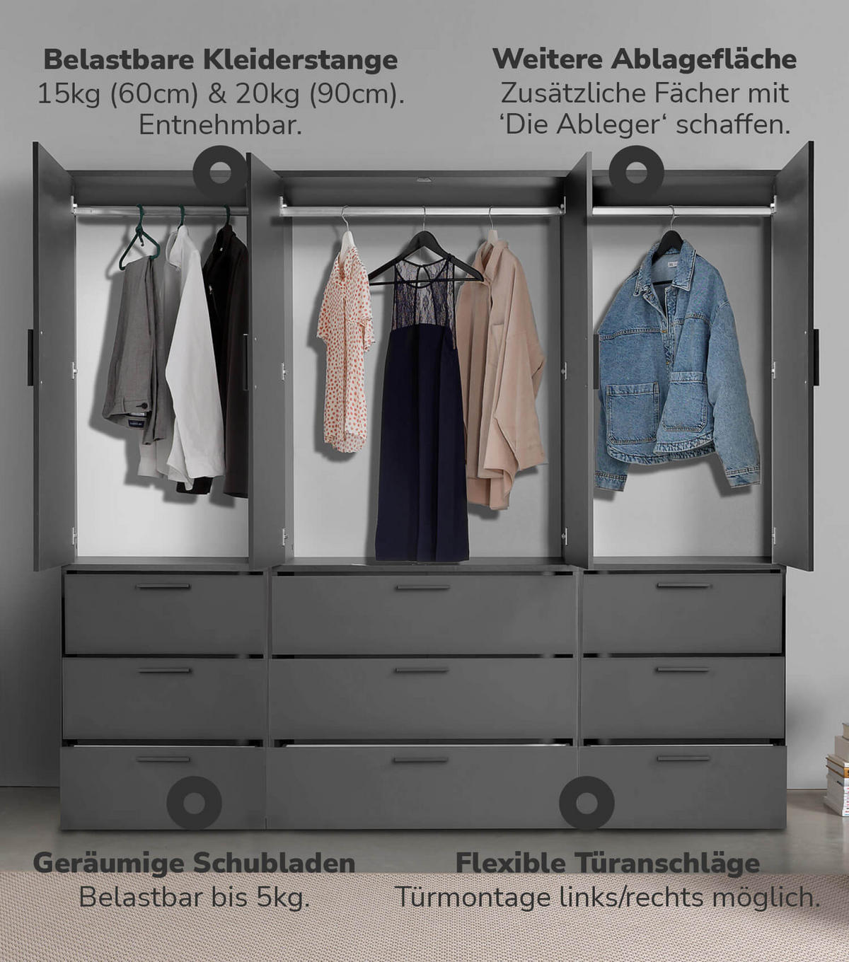 KLEIDERSCHRANK Der Grenzenlose - Anthrazit, Holzwerkstoff (210/187/58cm) - Mokebo