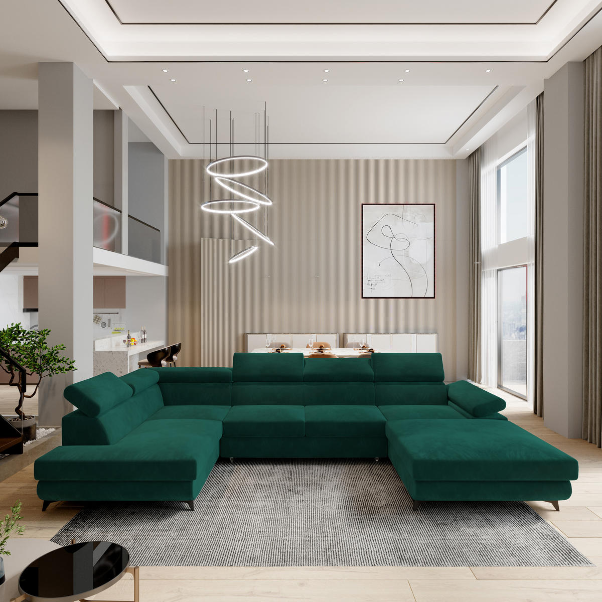 ROHOVÁ SEDAČKA RUBANO tmavě zelená - černá/tmavě zelená, kov/dřevo (339/190cm) - MASSENO