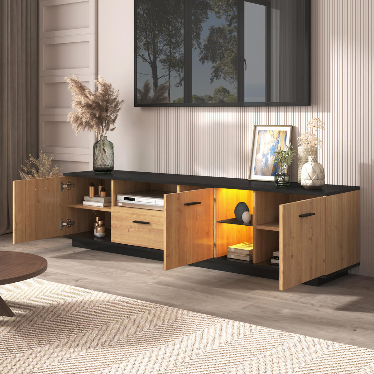 TV-LOWBOARD in Schwarz und Holzoptik mit LED und Stauraum 180/37/45 cm - Eichefarben, Holzwerkstoff (180/45/37cm) - Redom