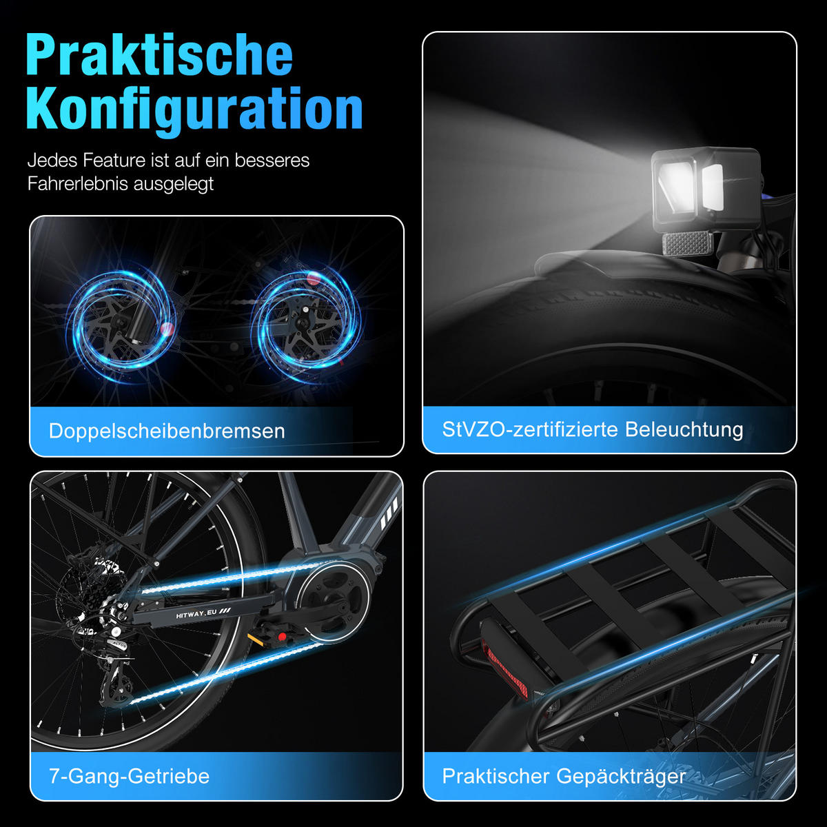 E-BIKE BK33 ,Mittelmotor ,App-Steuerung ,Reichweite bis zu 120 km - Grau, Metall (84cm) - HITWAY