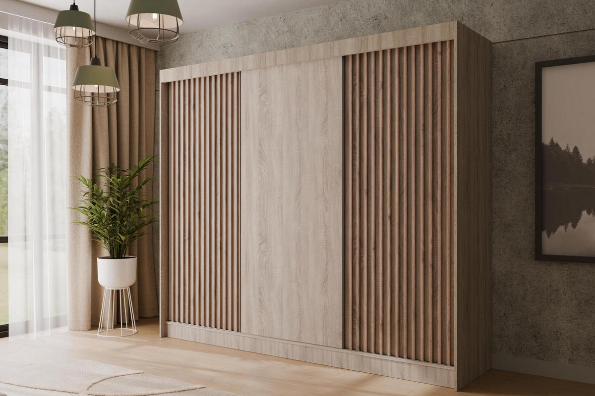 KLEIDERSCHRANK mit Lamel-Schiebetüren VILANv2 - 250 cm Sonoma Eiche+Sonoma Eiche+Lamelle Eiche Wotan - Eiche Wotan/Sonoma Eiche, Holzwerkstoff (250/215/61cm) - ALTDECOR