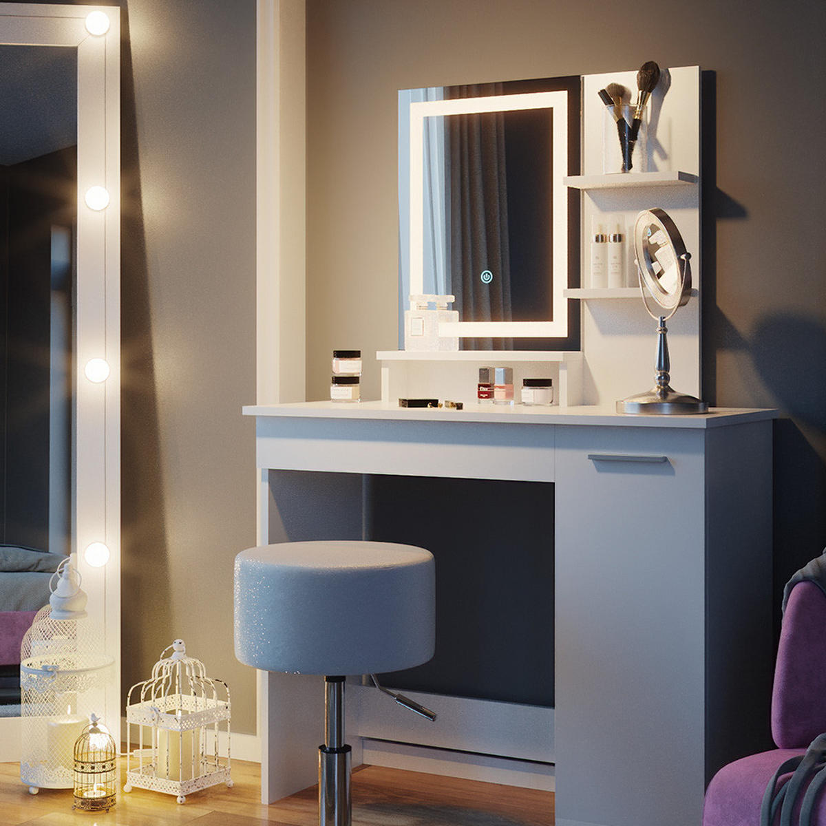 SCHMINKTISCH Julia Weiß 90 cm mit LED-Spiegel und Hocker - Weiß, Holzwerkstoff (90/137.5/38cm) - Vicco