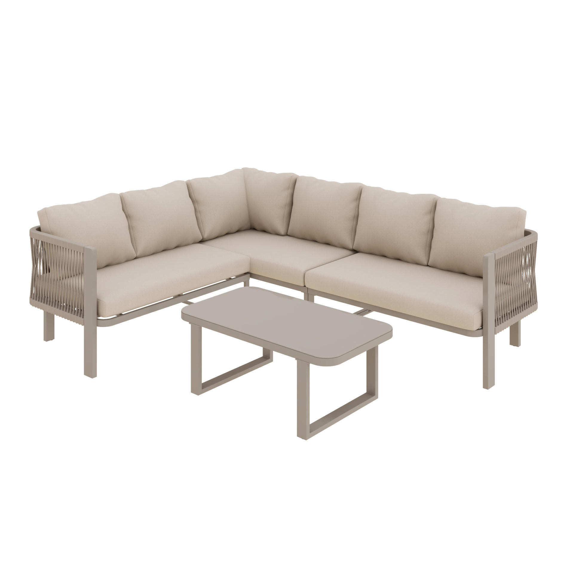 GARTENMÖBEL-SET 225/175/77 cm khaki aus Polyester und Stahl für 6 Personen mit Ecksofa und Glastisch - Beige, Metall - OKWISH