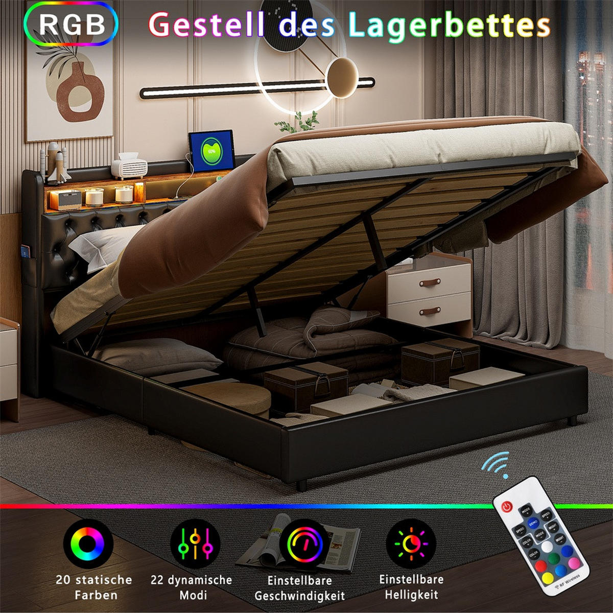 POLSTERBETT 180x200 cm mit LED-Beleuchtung - Kopfteil-Stauraum und Gasdruckfeder-Bettkasten - ohne Matratze - Schwarz - Schwarz, Textil (180/200cm) - DELFA
