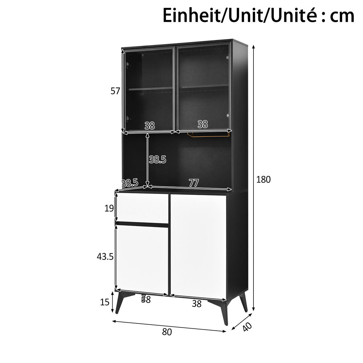 VITRINE LED Hochschrank Glas MDF Schwarz Weiß Modern - Multicolor, Holzwerkstoff (80/180/40cm) - FLIEKS