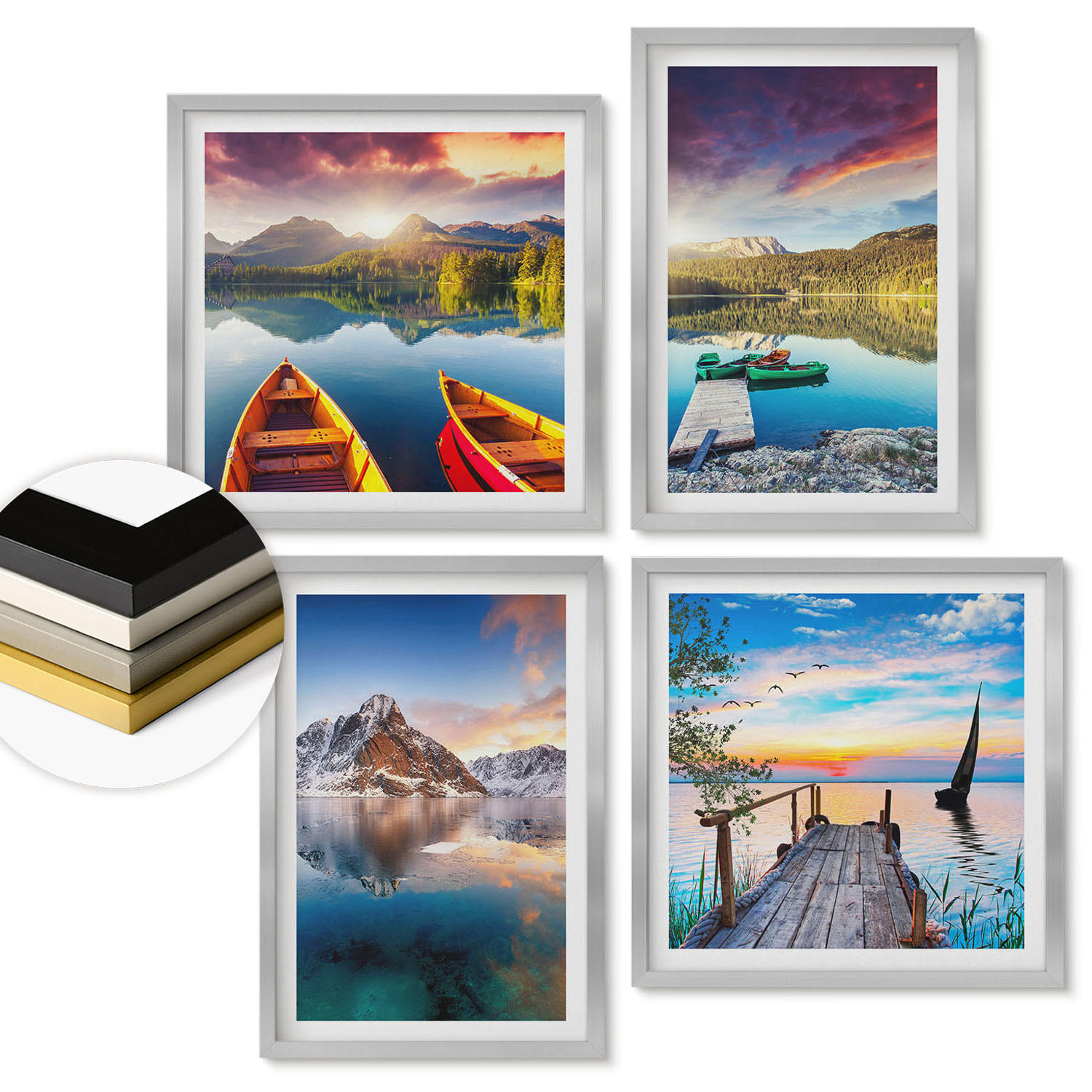 WANDBILDER 4er Set - 50x50 cm & 40x60 cm Silberner Rahmen - Seen- und Berglandschaft Łódź - Silberfarben, Kunststoff (50/50cm) - ArtPrintCave