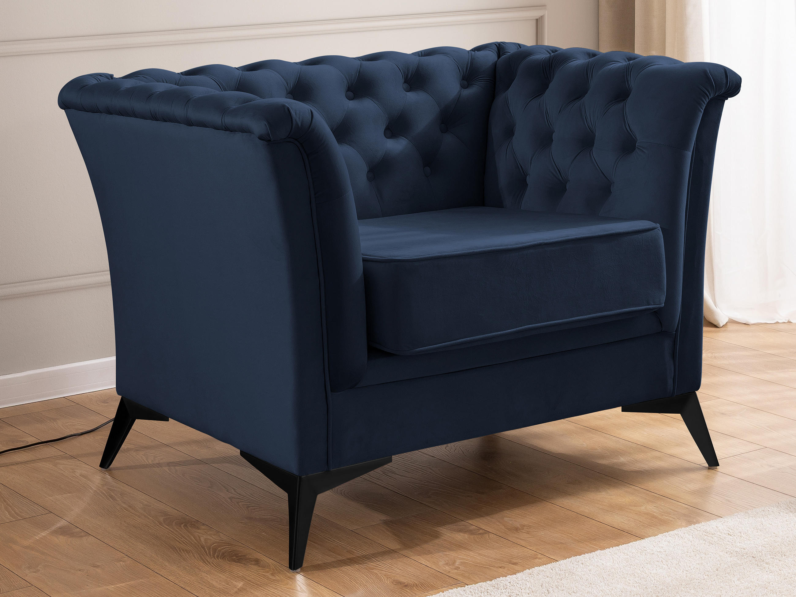 CHESTERFIELD-SESSEL Whitby Marineblau Samt mit schwarzen Füßen - Schwarz/Dunkelblau, Holz/Textil (116/78/82cm) - S-Style Möbel