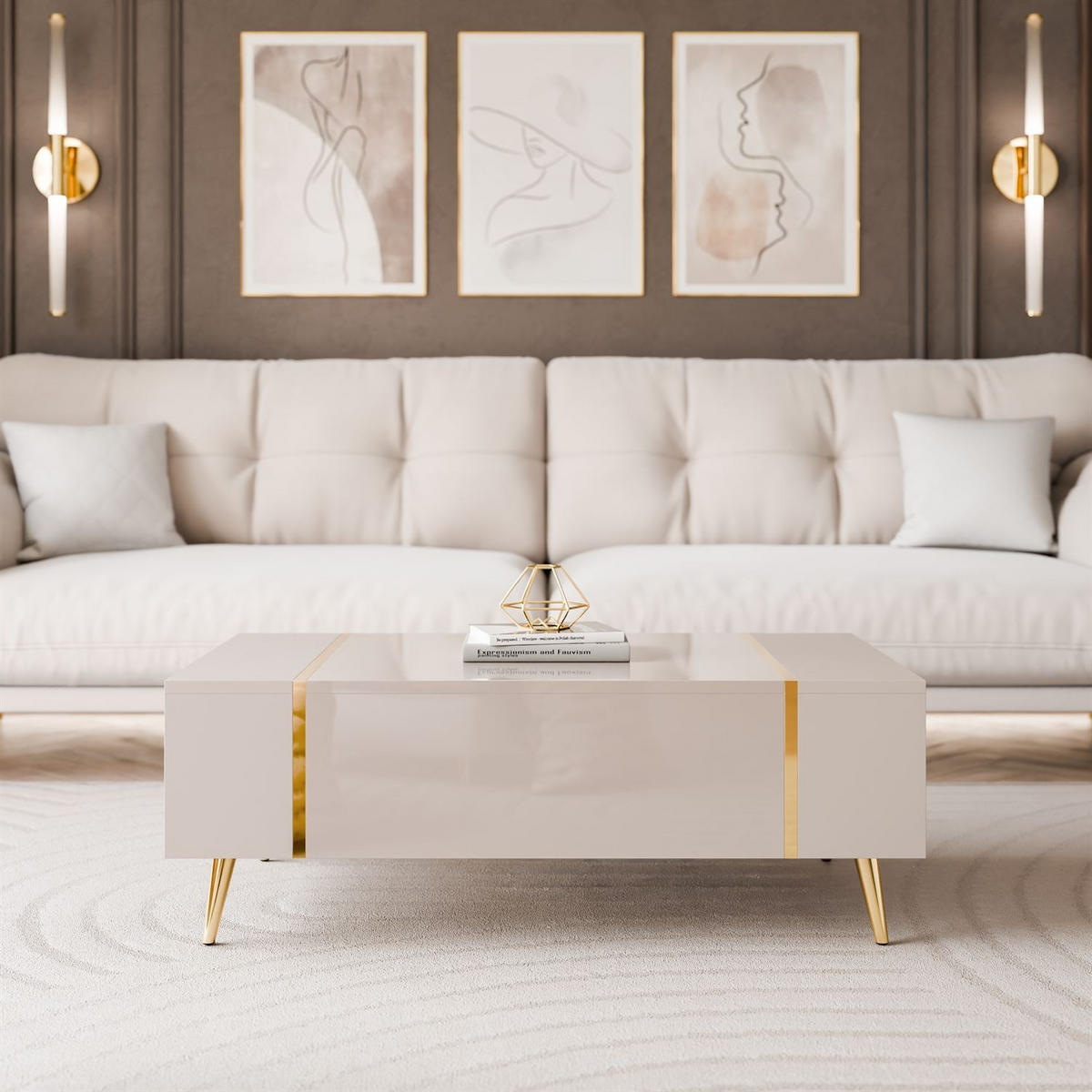 COUCHTISCH ONYX Kaschmir auf goldenen Beinen Hochglanz - Kaschmir, Holzwerkstoff (65/104/41.5cm) - Lookway