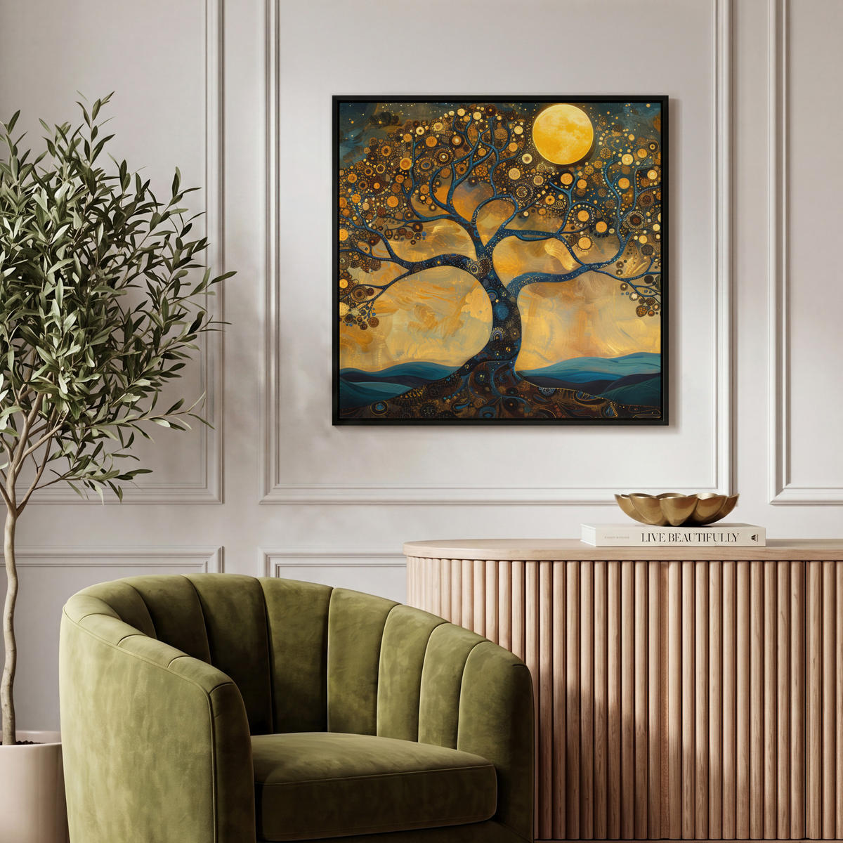 LEINWAND Bilder mit Rahmen - Baum - Mond - Blumen - Gold - Kunst - 50x50 - Orange, Textil (50/50cm) - MuchoWow