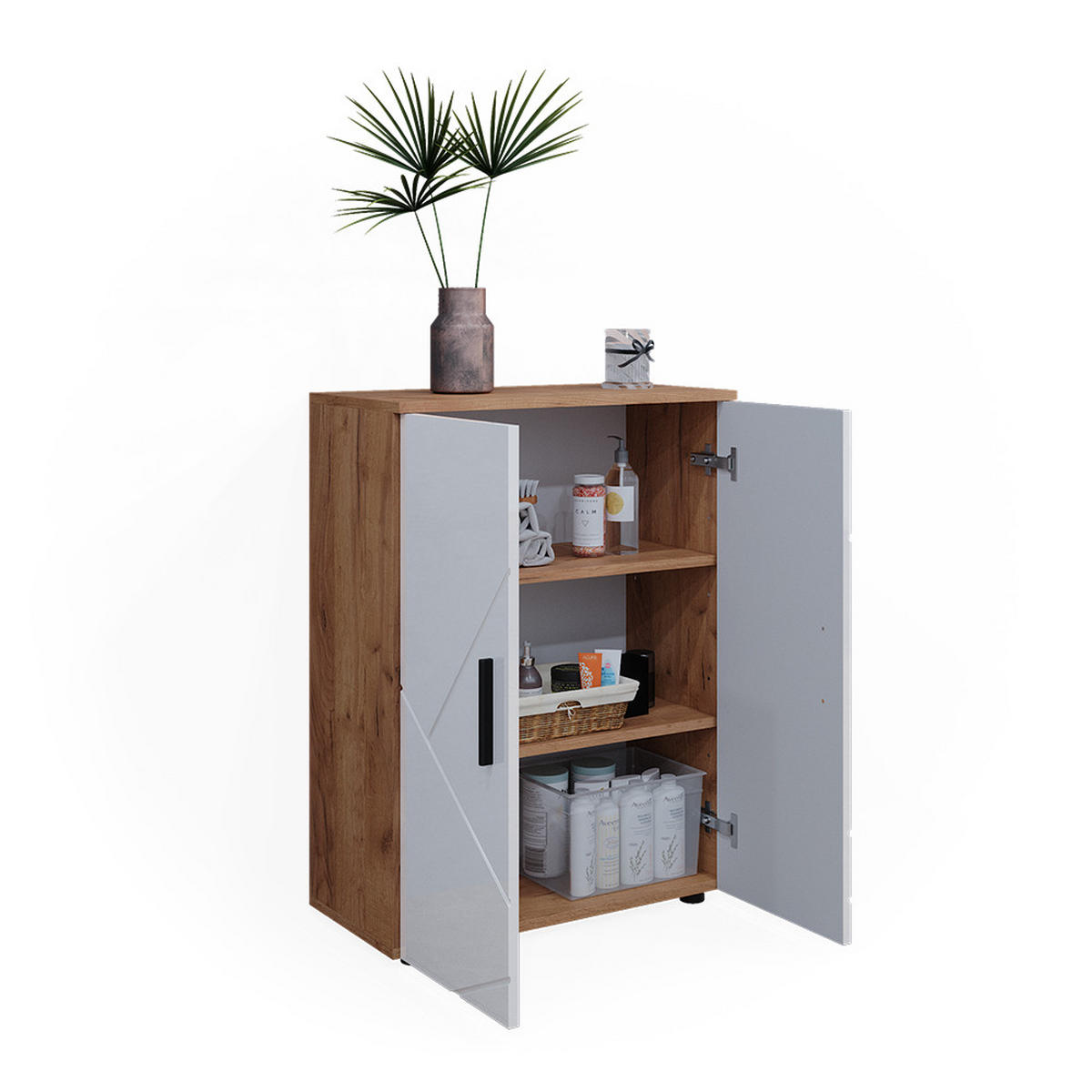 MIDISCHRANK Irma Goldkraft Eiche/Weiß Hochglanz 60 x 81 cm - Weiß Hochglanz/Eiche Wotan, Holzwerkstoff (60/81/30cm) - Vicco