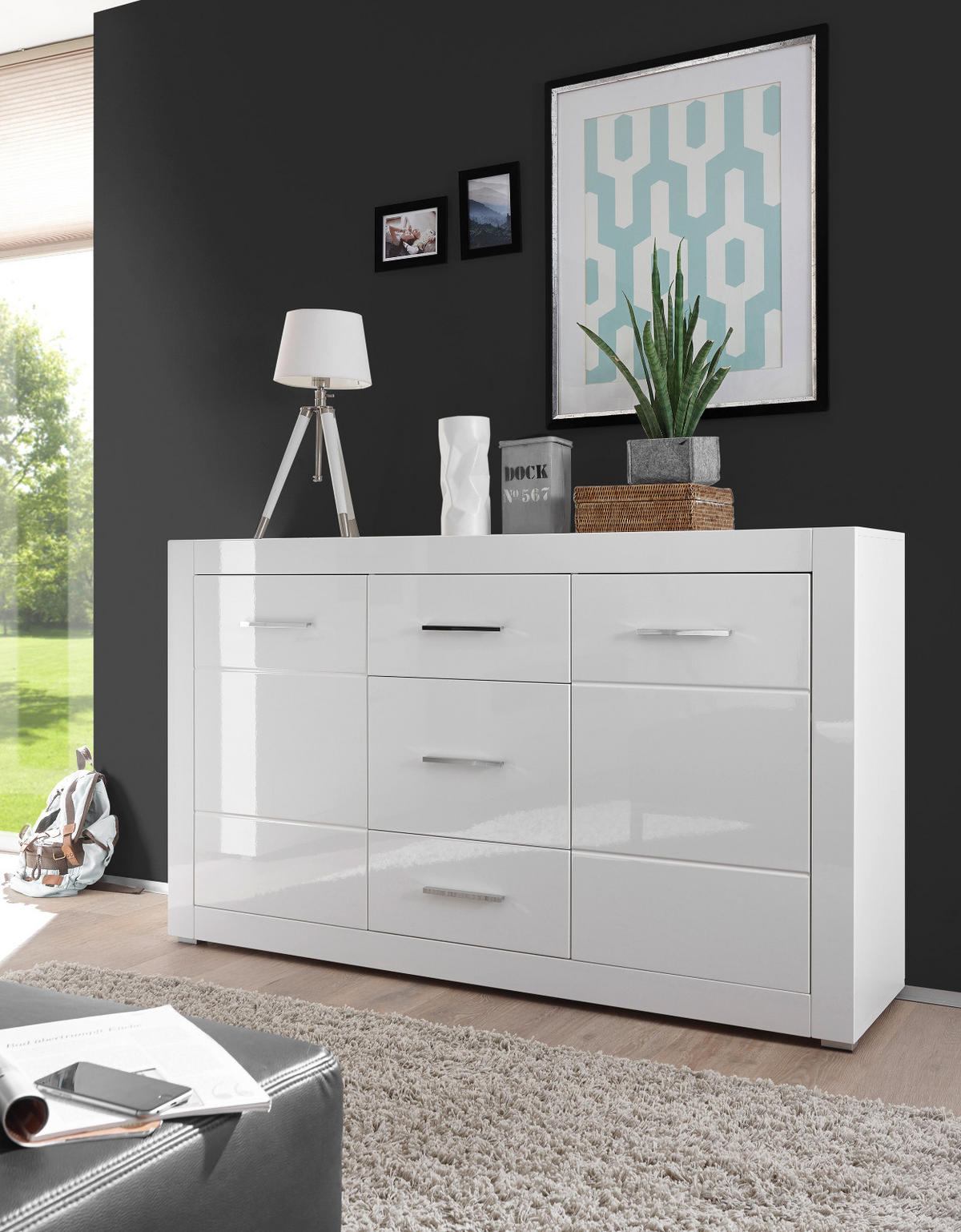 SIDEBOARD weiß Hochglanz, Wohn- und Esszimmer Kommode 164 cm - Weiß Hochglanz/Silberfarben, Holzwerkstoff/Kunststoff (164/97/42cm) - Furn.Design