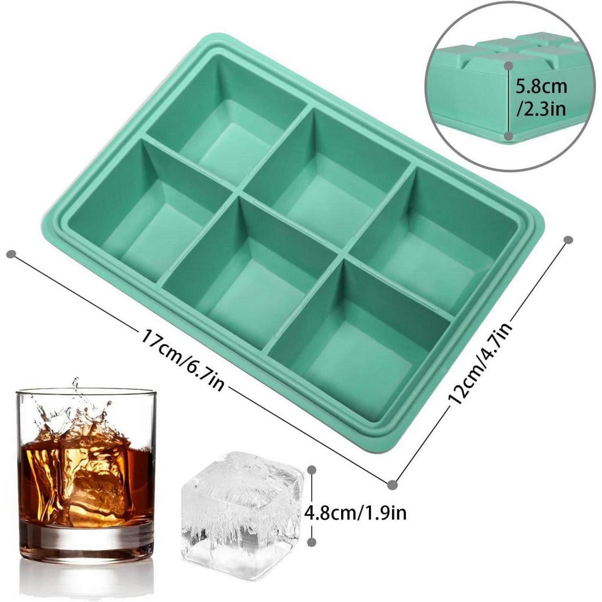 EISWÜRFELFORM 3-teiliges Set Silikon mit Deckel 18-Fach Große Eiswürfel 4,8cm - Türkis, Kunststoff (12/4.8/17cm)