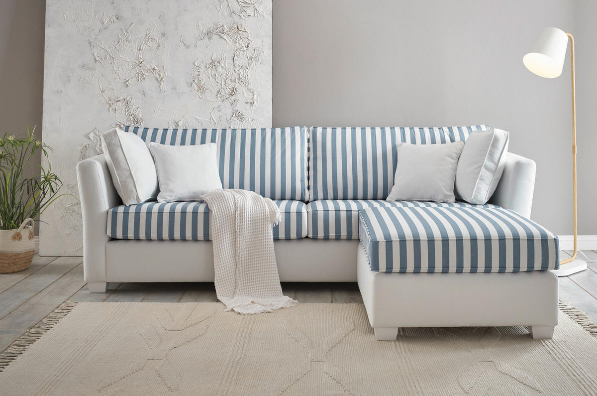 SOFA 3-Sitzer creme blau gestreift, Landhaus 240 cm, Couch Set inklusive Hocker - Blau/Creme, Holz/Textil (240/88/176cm) - Furn.Design